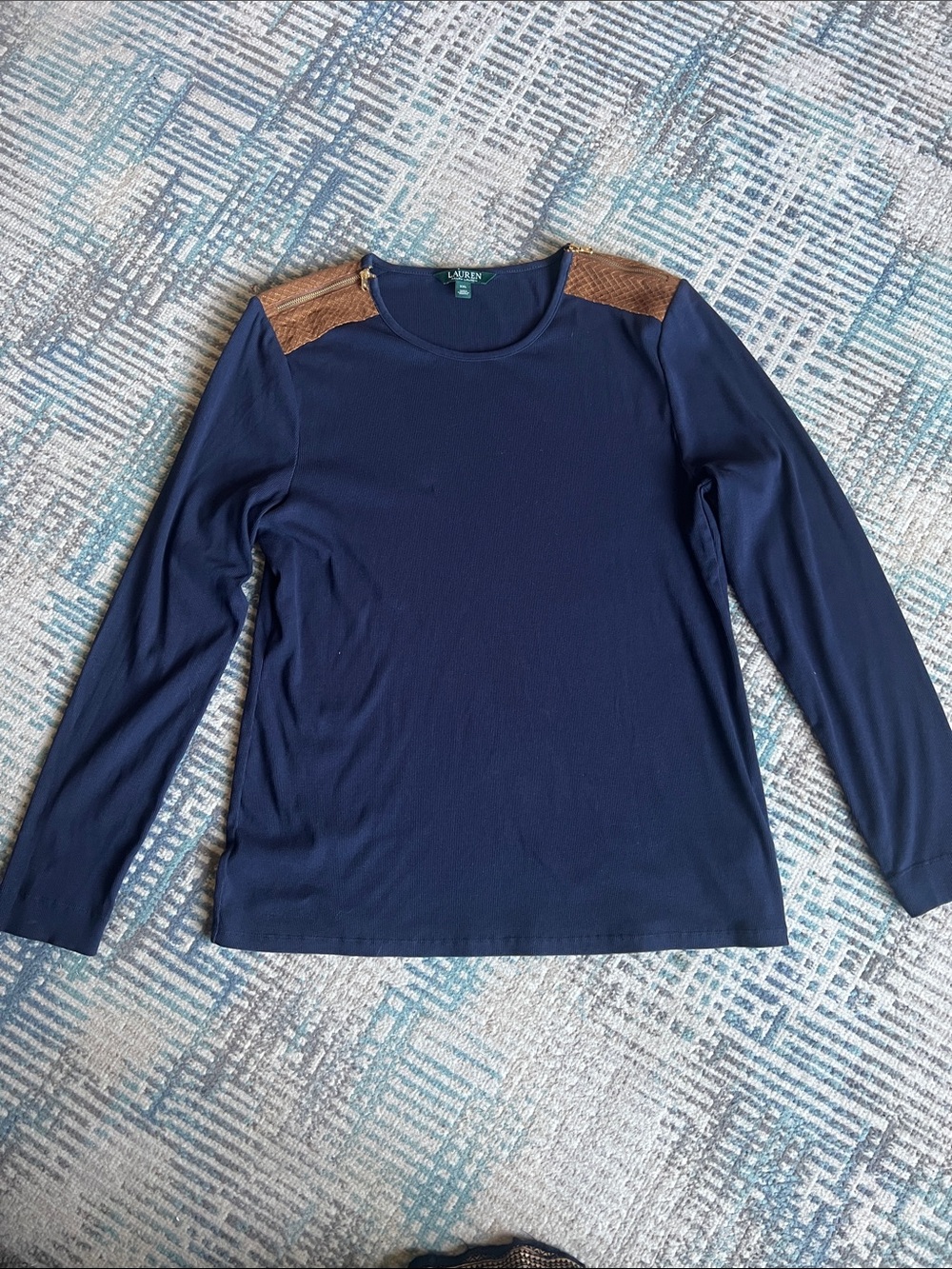 Lauren Ralph Lauren Navy Quilted Shoulder Long Sleeve Top XXL Equestrian